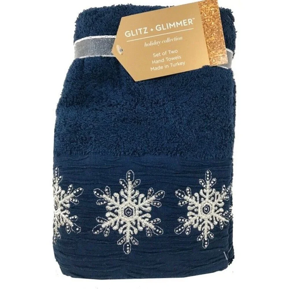 Glitz & Glimmer Christmas Hand Towels Snowflakes Embroidered Bath Navy Set of 2